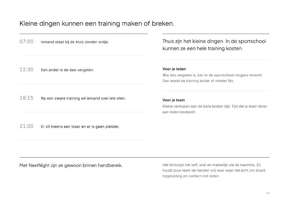 Pagina 2 van de NextNight-brochure voor sportscholen